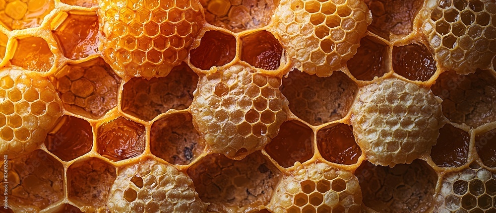 Aufkleber close-up of honeycomb showcasing intricate hexagonal patterns filled with golden honey, highlighting