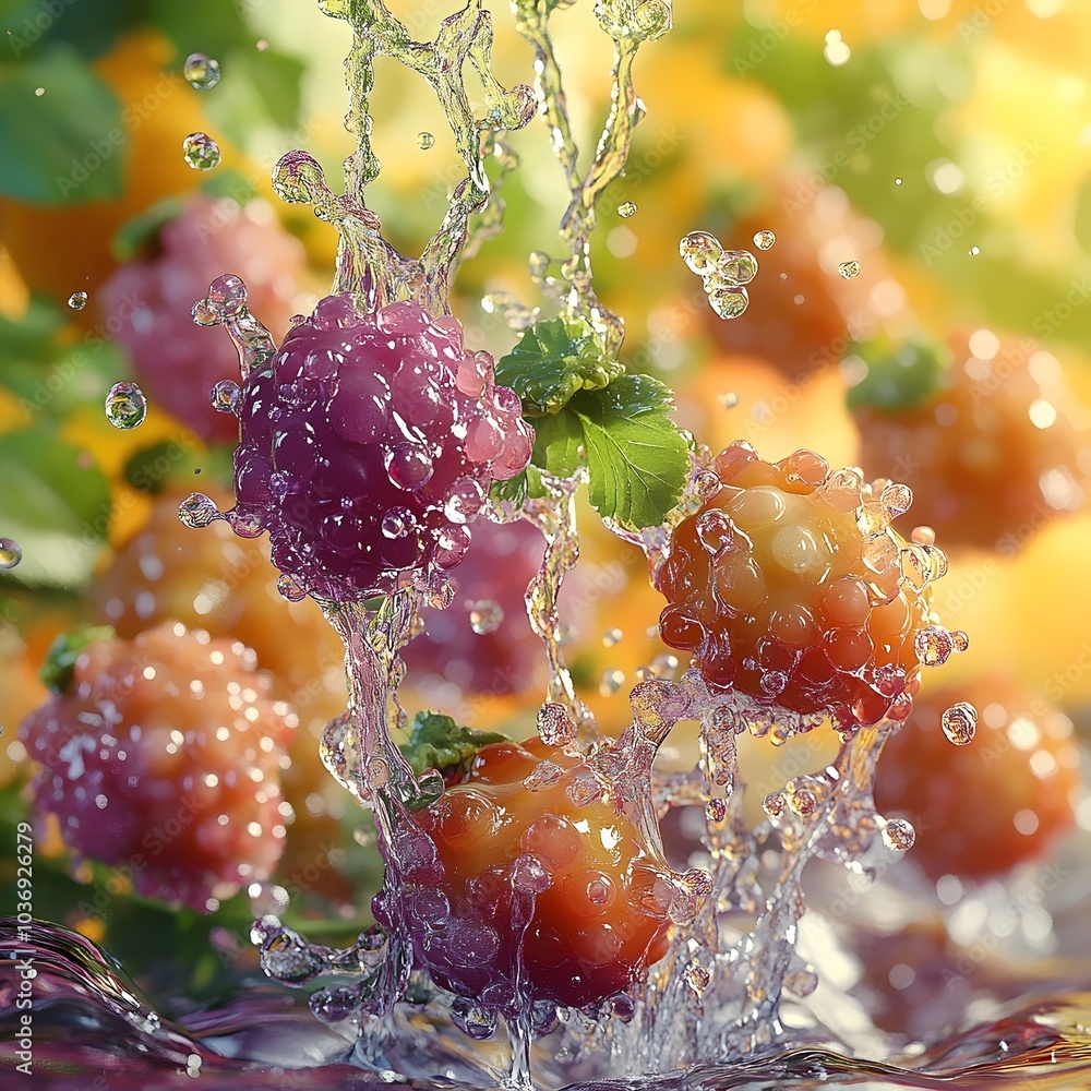 Poster a vibrant splash of colorful berries surrounded by sparkling water droplets, creating a refreshing a