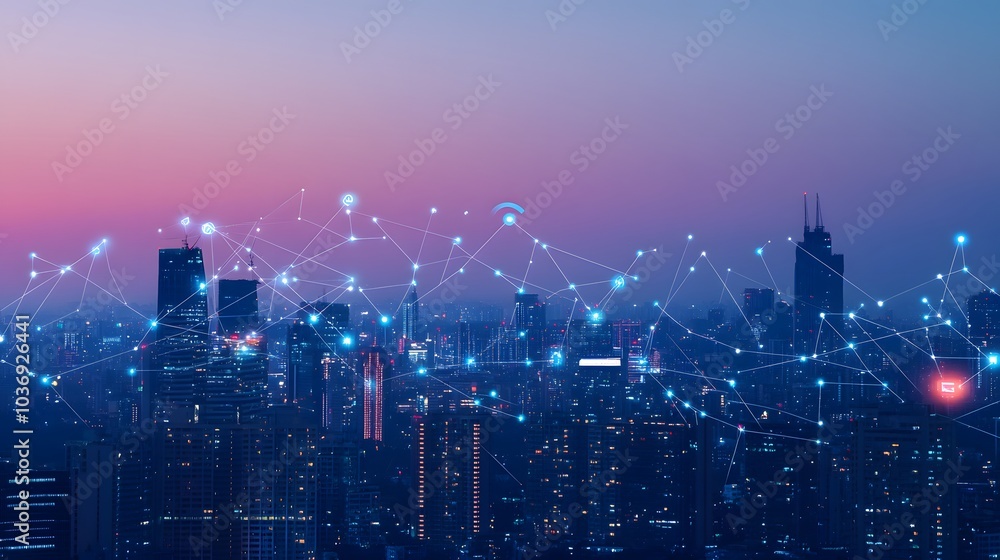 Poster wireless network and connection technology concept with abstract bangkok city background in panorama