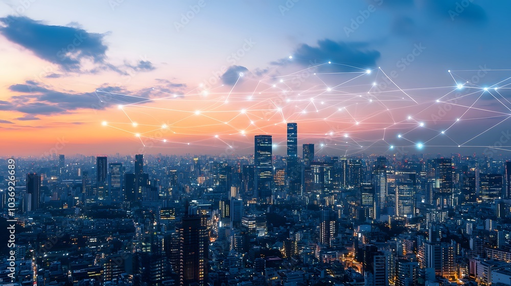 Poster wireless network and connection technology concept with abstract bangkok city background in panorama