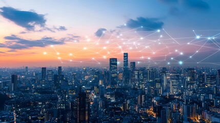 Obraz premium Wireless network and Connection technology concept with Abstract Bangkok city background in panorama view. 