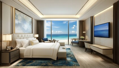 Luxurious seaside hotel room with ocean view, perfect for a relaxing getaway