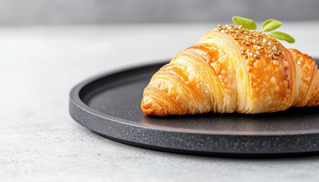 Delicious golden croissant on a black plate, garnished with a fresh leaf, perfect for breakfast or brunch.