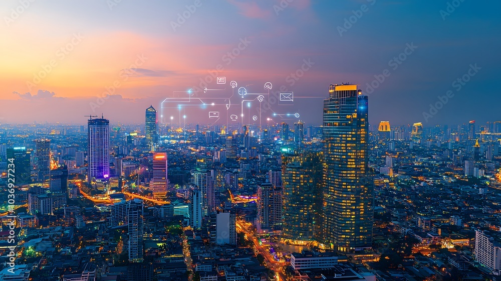 Poster wireless network and connection technology concept with abstract bangkok city background in panorama