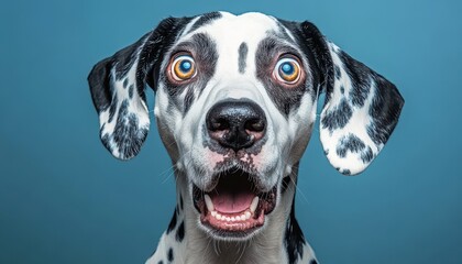 Studio portrait of a surprised dalmatian dog against a blue background