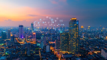 Obraz premium Wireless network and Connection technology concept with Abstract Bangkok city background in panorama view. 
