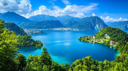 Naklejka premium A vibrant lake with crystal clear waters surrounded by lush green forests.