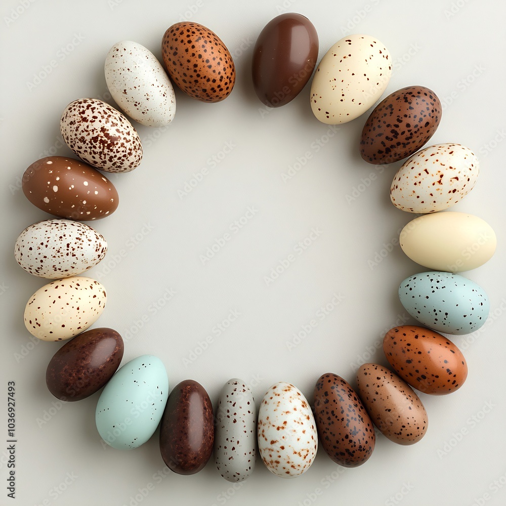 Poster topdown view of easter border of robin's eggs and chocolate eggs the eggs are placed in a circular p