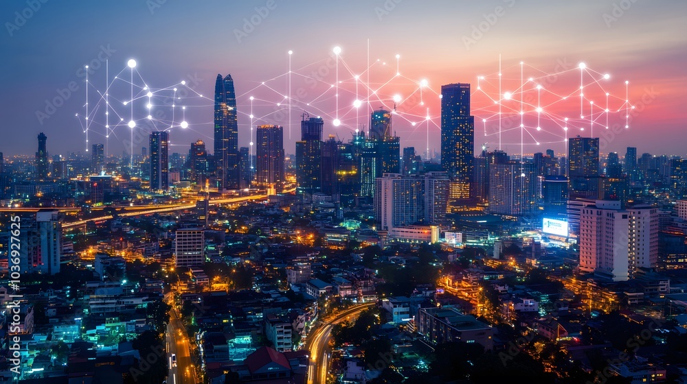 Poster wireless network and connection technology concept with abstract bangkok city background in panorama