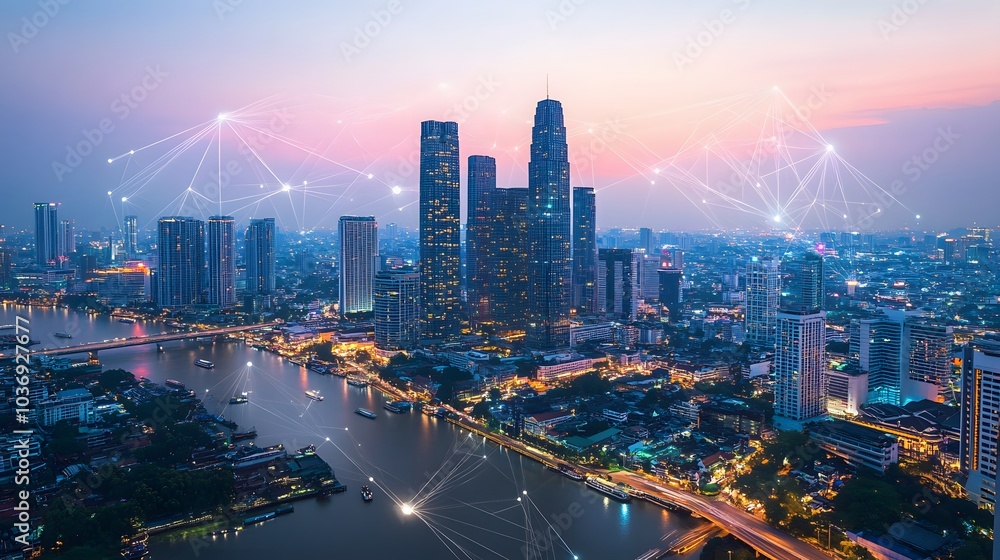 Poster wireless network and connection technology concept with abstract bangkok city background in panorama