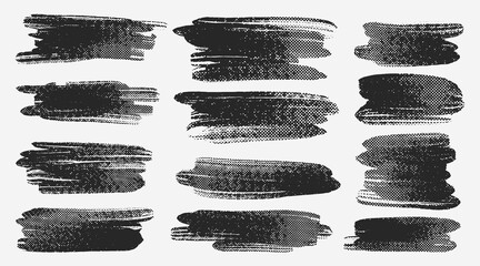 Set of paint, ink halftone brush stroke, vector brush, bold line. Collection of grunge dirty artistic design element, box, frame or background for text. Template vector halftone brush stroke texture.