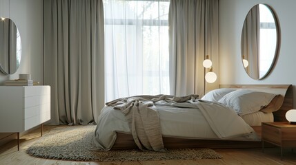 A cozy urban comfort loft Scandinavian bedroom featuring a double bed with a minimalist headboard, bedside tables