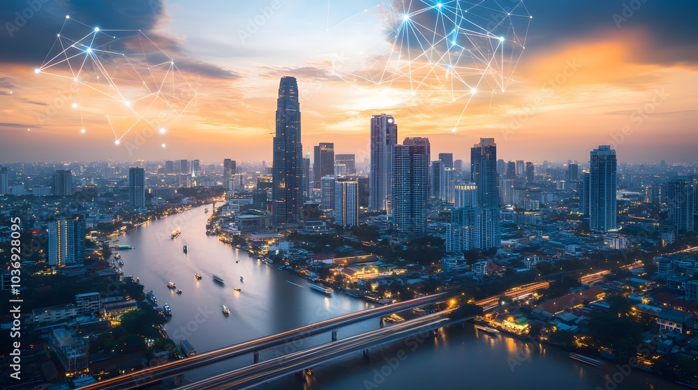 Poster wireless network and connection technology concept with abstract bangkok city background in panorama