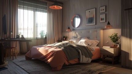 A cozy urban comfort Scandinavian bedroom with a double bed, a minimalist headboard