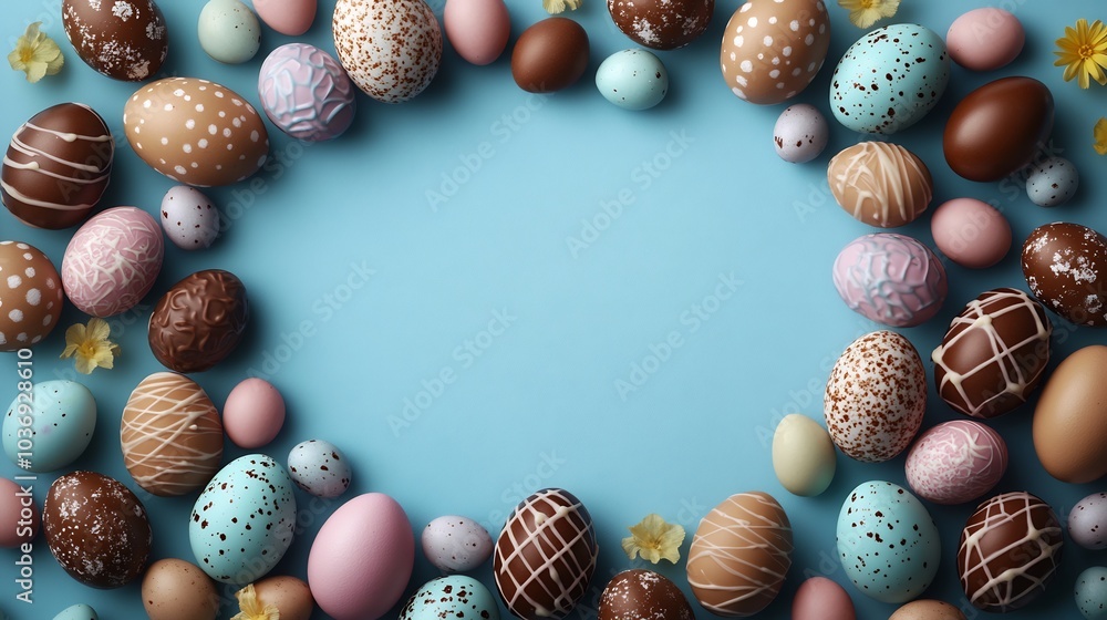 Poster topdown view of easter frame featuring robin's eggs and chocolate eggs arranged in a circle the cent