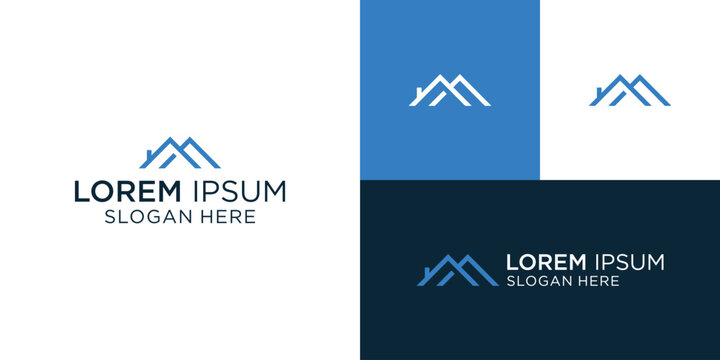 modern MF letter real estate logo in linear style with simple roof building in blue