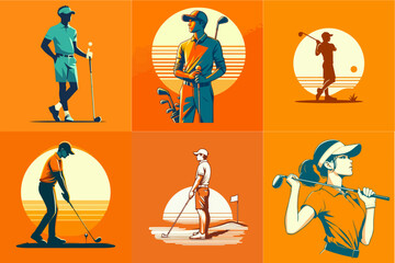 set of golf athlete illustration on orange background