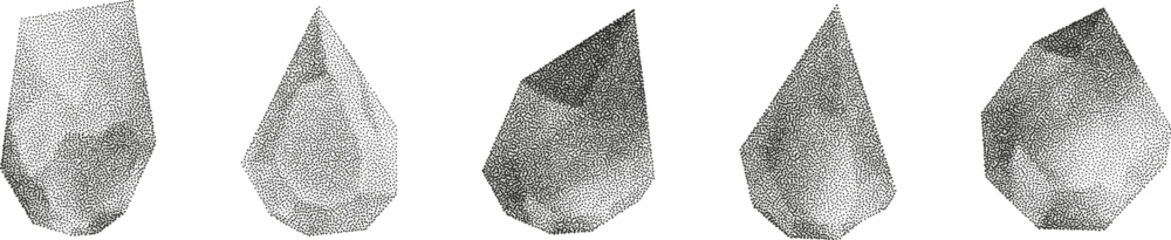 3D vector gradient geometric shapes with noise effect. Cube, cylinder, triangle, rhombus with grainy dot texture.