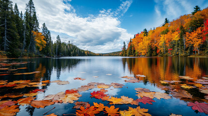 Obraz premium A vibrant lake with colorful autumn leaves floating on the surface, creating a serene scene.