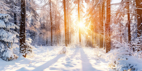 a snow covered ground with trees and the sun shining through

