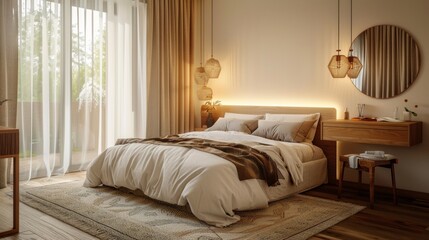 A cozy urban Scandinavian bedroom with a double bed, a minimalist headboard