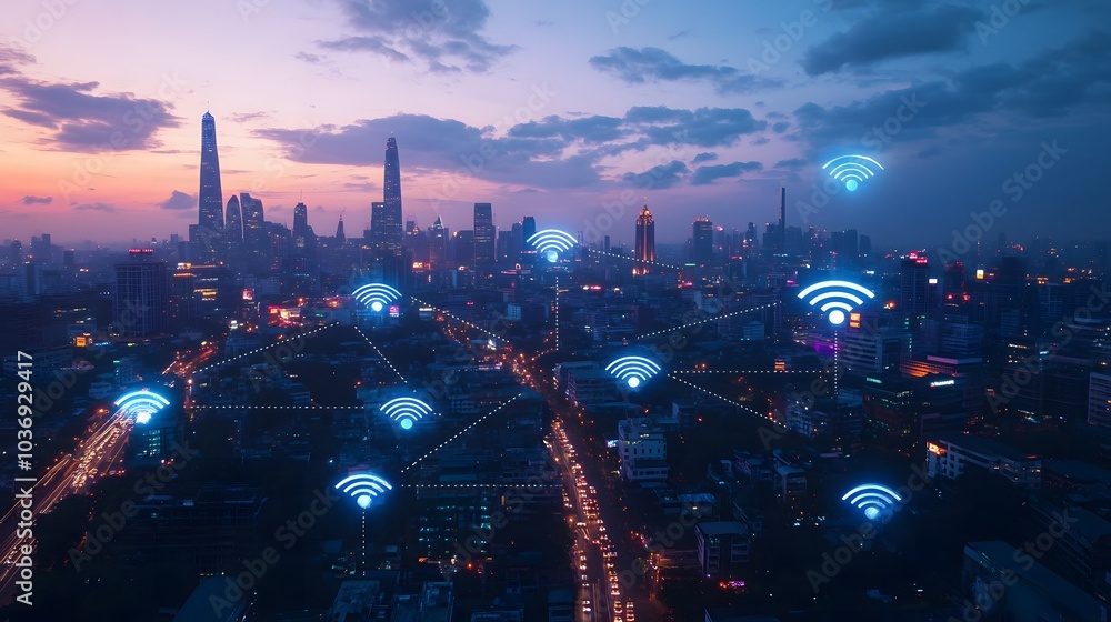 Poster wireless network and connection technology concept with abstract bangkok city background in panorama