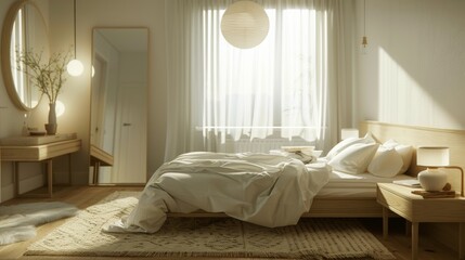 A cozy zen loft Scandinavian bedroom featuring a double bed with a minimalist headboard, bedside tables