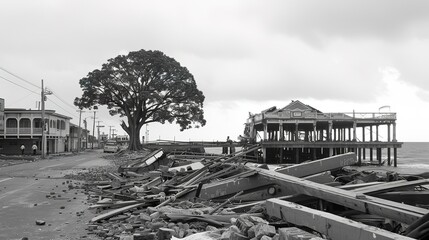 Obraz premium Coastal Town Aftermath: Debris-Laden Streets, Damaged Pier Over Turbulent Ocean, Solitary Resilient Tree Amidst Ruins