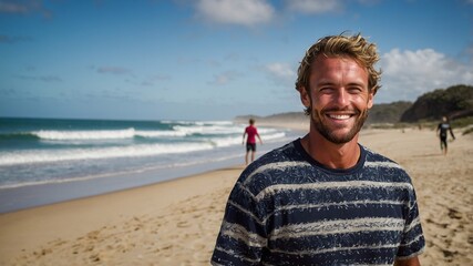 Australian surfer on the beach. Portrait of a man with long blond hair