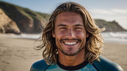 Australian surfer on the beach. Portrait of a man with long blond hair