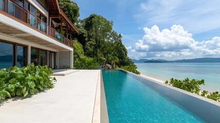 Modern villa with infinity pool overlooking a serene beach landscape.