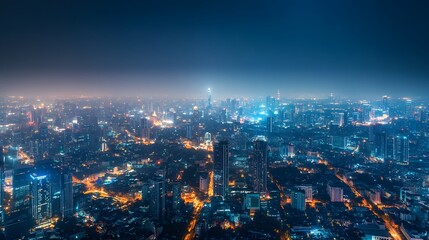 Fototapeta premium Wireless network and Connection technology concept with Abstract Bangkok city background in panorama view. 