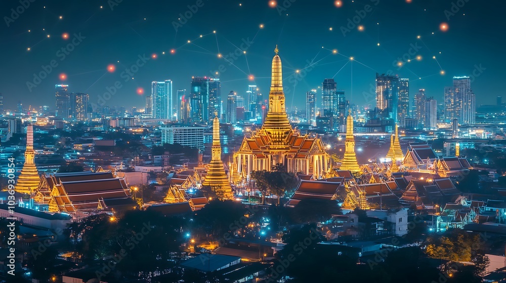 Poster wireless network and connection technology concept with abstract bangkok city background in panorama