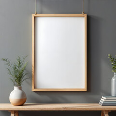 Mockup poster wooden frame close up on a concrete wall, 3d render