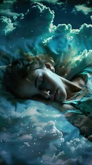 Fototapeta premium Dreamy Night Sky with Sleeping Woman - A Surreal and Tranquil Image