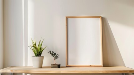 A minimalist desk setup with white walls and wooden accents. The desk highlights a blank picture frame and a small potted plant. Bright