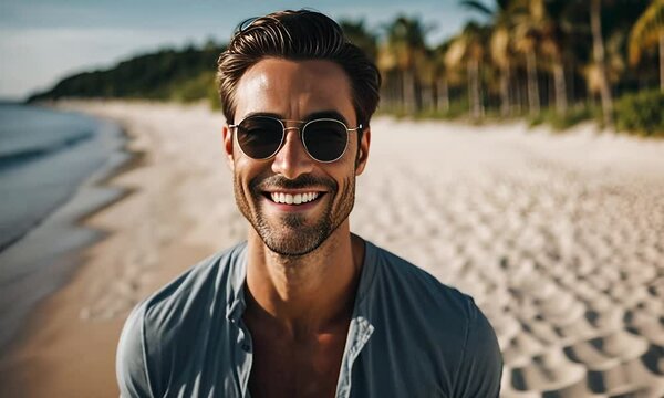 Face portrait of a handsome man wearing sunglasses and smiling at the beach