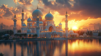 Fototapeta premium A Majestic White Mosque Reflects in a Golden Sunset Lake