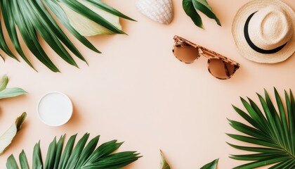 Minimalistic digital nomad workspace with laptop and tropical travel essentials