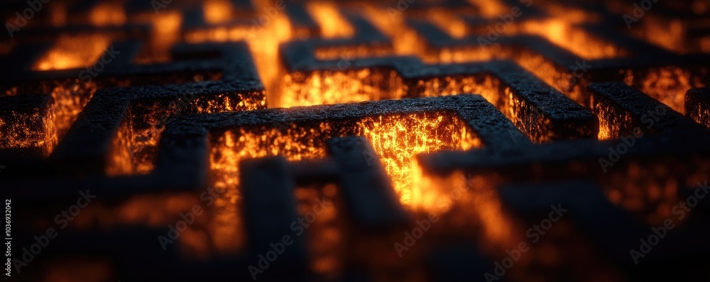 Poster a glowing maze with intricate pathways illuminated by orange light.