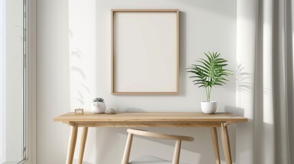 A minimalist home office with white walls and a light wooden desk. The desk features a blank picture frame and a small, stylish lamp. Gentle