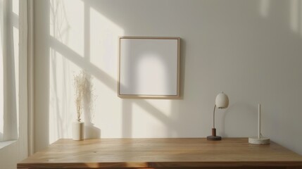 A minimalist home office with white walls and a wooden desk. The desk features a blank picture frame and a single decorative vase. Bright
