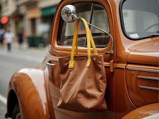 Vintage Car Tote Bag Mockup with Colorful Classic Automobiles