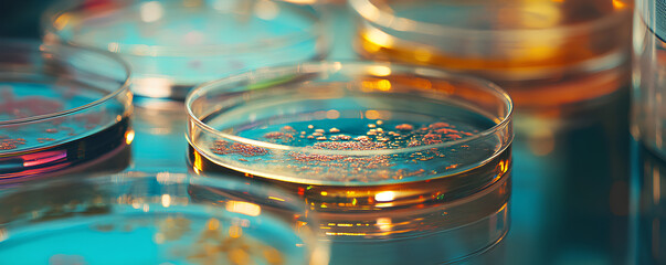 Closeup of petri dishes with bioengineered organisms in a biotechnology research lab