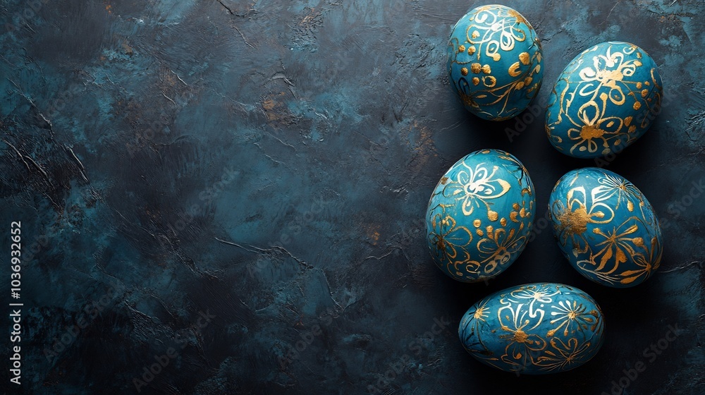Poster top view of handpainted blue easter eggs intricate patterns resting on a dark minimalistic backgroun