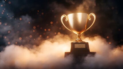 Golden Trophy on Pedestal with Smoke and Lights   Success Award Concept