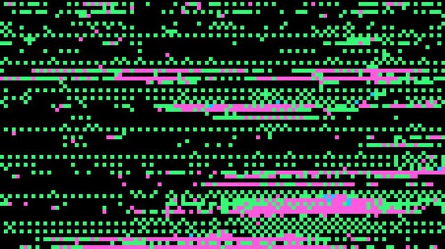 Abstract pixel retro 8bit noise static, square black, pink and green animated retro video game pixelated background, seamless looped vj pattern overlay texture