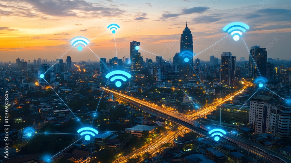 Poster wireless network and connection technology concept with abstract bangkok city background in panorama