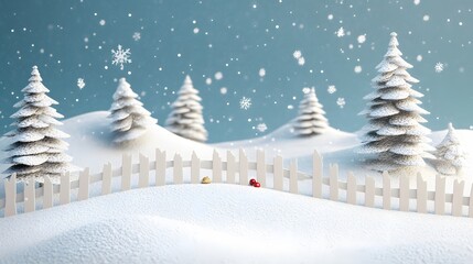 Snowy Winter Wonderland with White Fence and Pine Trees