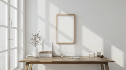 A minimalist home office with white walls and a wooden desk. The desk features a blank picture frame and a single decorative bookend. Bright